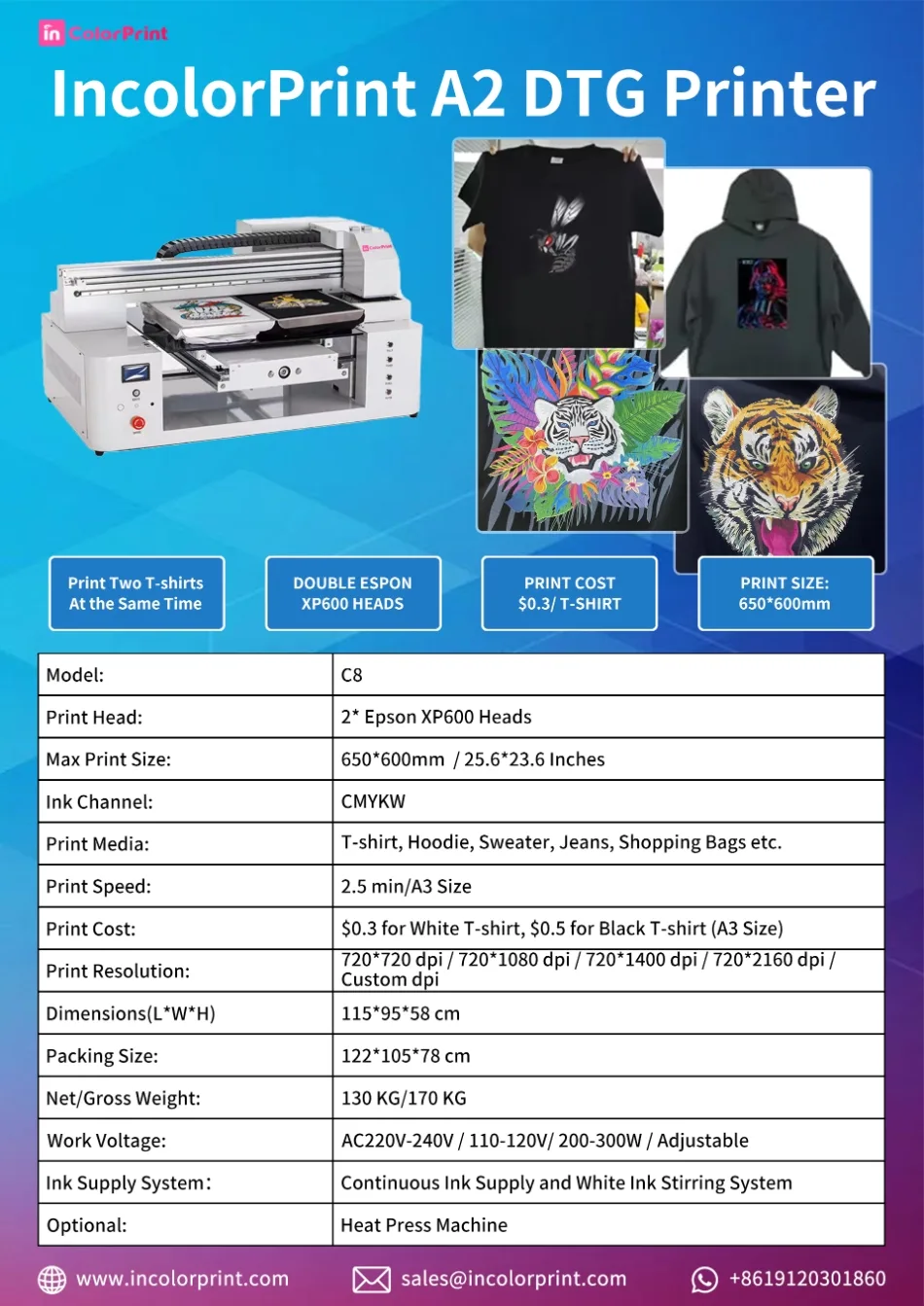 Specification of A2 DTG Printer