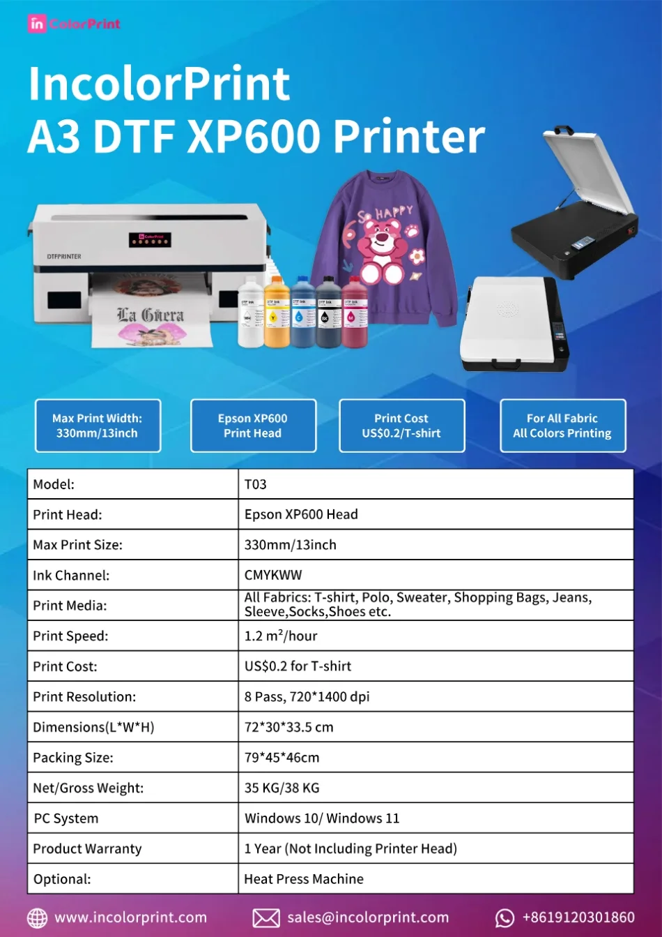 The Specification of A3 DTF Printer